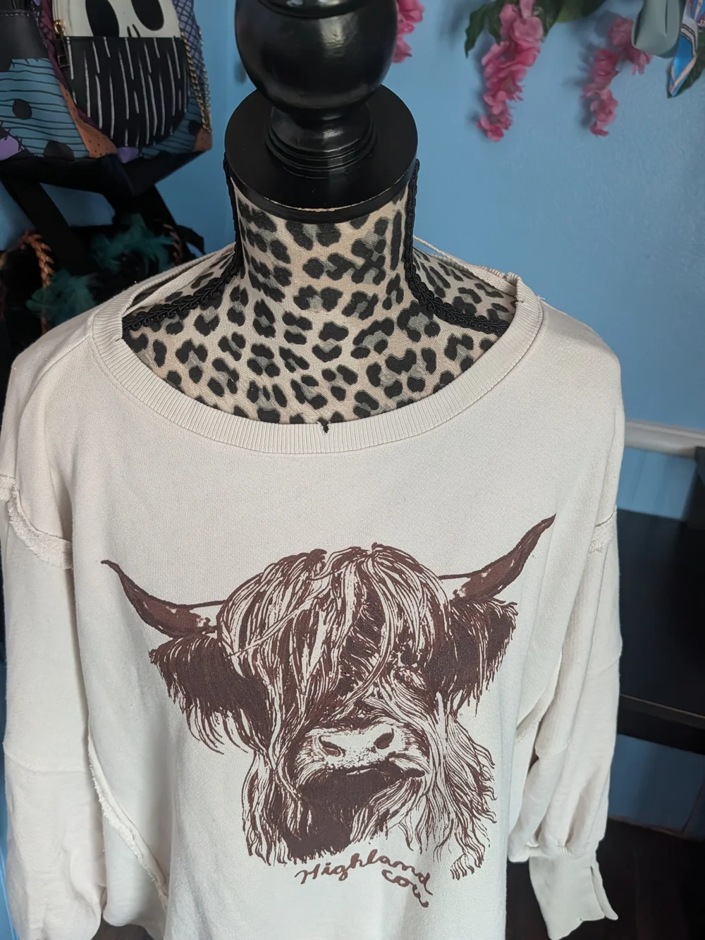 Free People Cream Camden Sweatshirt with Brown Highland Cow Graphic